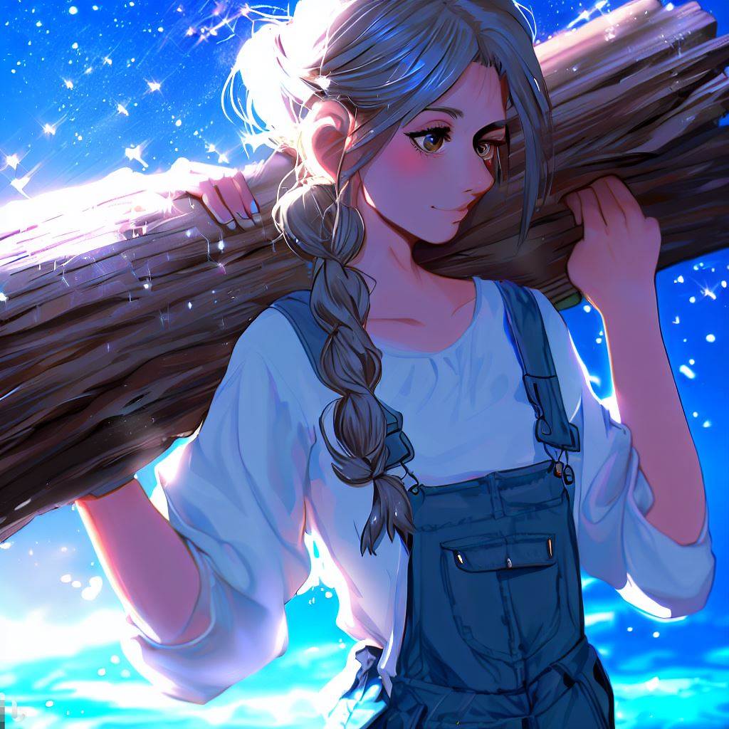 Create a 2D RPG view of a girl carrying a log against a starry summer sky with captivating ambience, in Japanese anime style, with silver braid and sparkly pink earrings. She wears a white polo shirt and light blue and blue overalls. Artwork should feature dynamic angles and make use of digital art techniques.