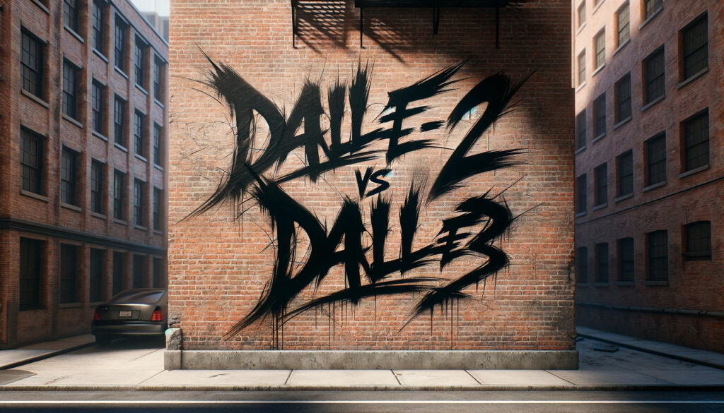 A photorealistic urban brick wall with the words 'DALL-E2 VS DALL-E3' roughly spray-painted in black. The graffiti style is raw and appears as if hastily done, resembling a scrawl or scribble. The black spray paint stands out sharply against the brick background, giving an edgy, street-art look. The surrounding urban environment is partially visible, adding context to the graffiti. The scene is bathed in natural daylight, casting subtle shadows and highlighting the rough texture .
