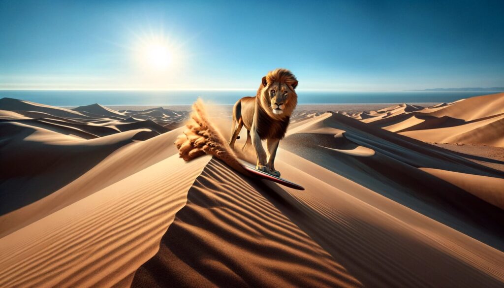 ③砂漠で砂のサーフィンをしているライオン