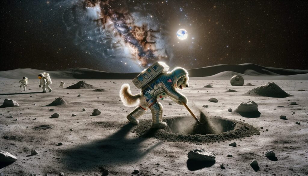 ②月面に穴を掘る犬